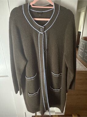 Talbots Plus Olive Green Cardigan with Light Blue Trim